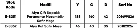 Alya Çift Kapaklı Portmanto Mozambik Safir Meşe ölçü ve modül bilgileri