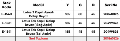 Lotus 2 Kapılı Aynalı Dolap Beyaz ölçü ve modül bilgileri