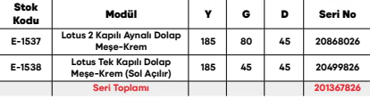 Lotus 2 Kapılı Aynalı Dolap Meşe-Krem ölçü ve modül bilgileri