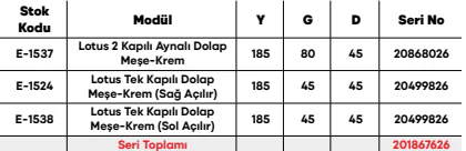 Lotus 2 Kapılı Aynalı Dolap Meşe-Krem ölçü ve modül bilgileri