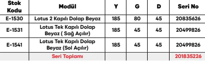 Lotus 2 Kapılı Dolap Beyaz ölçü ve modül bilgileri