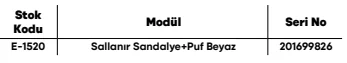 Sallanır Sandalye+Puf Beyaz ölçü ve modül bilgileri