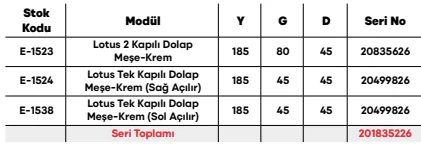 Lotus 2 Kapılı Dolap Meşe-Krem ölçü ve modül bilgileri