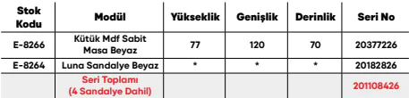 Kütük Mdf Sabit Masa Beyaz ölçü ve modül bilgileri