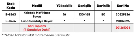 Kelebek Mdf Masa Beyaz ölçü ve modül bilgileri