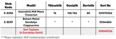 Asansörlü Mdf Masa Traverten ölçü ve modül bilgileri
