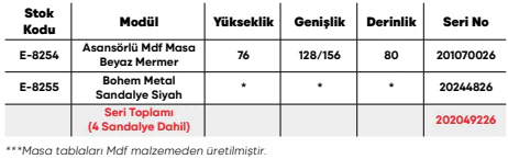 Asansörlü Mdf Masa Beyaz Mermer ölçü ve modül bilgileri