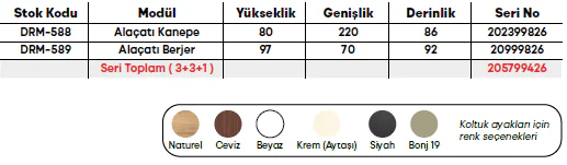 Alaçatı Koltuk Takımı ölçü ve modül bilgileri