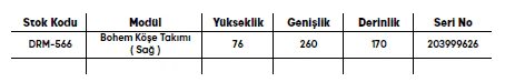 Bohem Köşe Takımı ölçü ve modül bilgileri