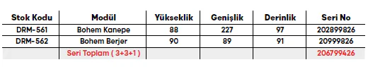 Bohem Koltuk Takımı ölçü ve modül bilgileri