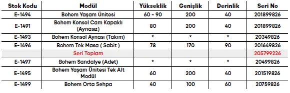 Bohem Yemek Odası Takımı ölçü ve modül bilgileri