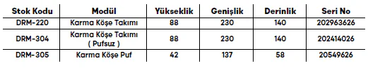 Karma Köşe Takımı ölçü ve modül bilgileri