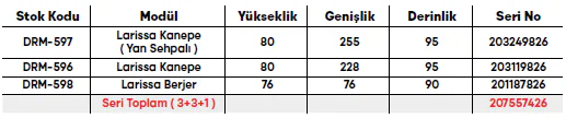Larissa Koltuk Takımı ölçü ve modül bilgileri