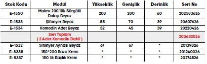 Makro Yatak Odası Takımı ölçü ve modül bilgileri
