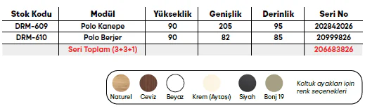 Polo Koltuk Takımı ölçü ve modül bilgileri