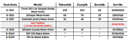 Tiona Yatak Odası Takımı ölçü ve modül bilgileri