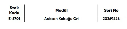 Asistan Koltuğu Gri ölçü ve modül bilgileri